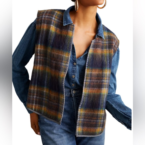 Pilcro Jackets & Blazers - Anthropologie Pilcro Plaid Open Vest Blue Yellow Brown Orange Vest One Size